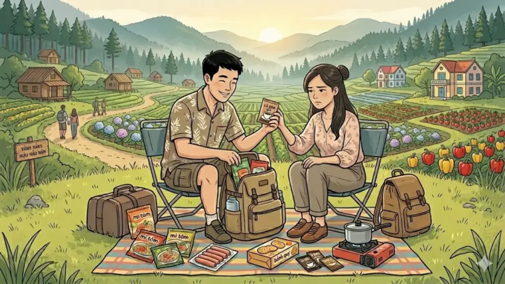 Bạn trai chuẩn bị mì tôm, xúc xích khi đi du lịch để giảm chi phí