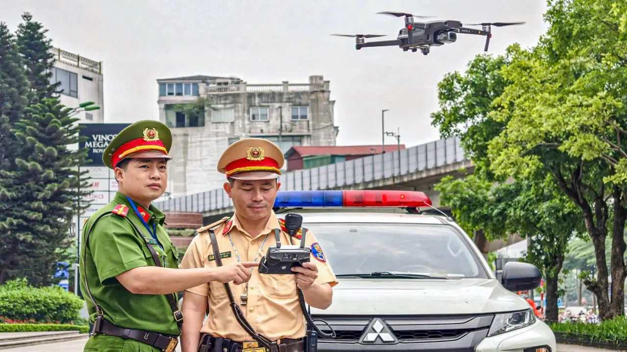 Cảnh sát dùng flycam giám sát, xử lý xe dừng đỗ dưới lòng đường