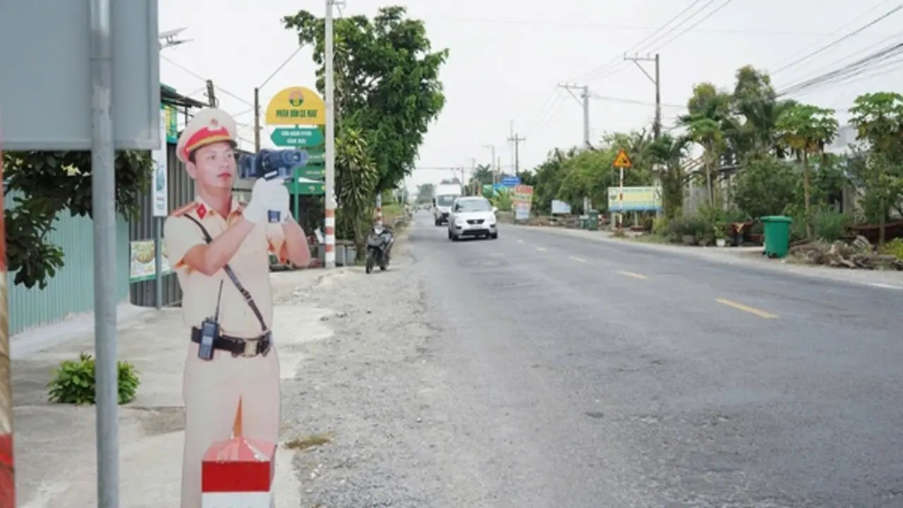 Hình nộm cảnh sát giao thông bắn tốc độ trên quốc lộ: Nhìn xa tưởng thật