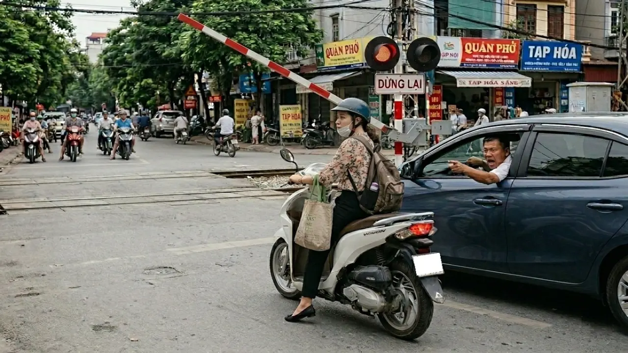 Tài xế ôtô hét vào mặt tôi vì dừng xe khi rào chắn đường sắt chưa hạ
