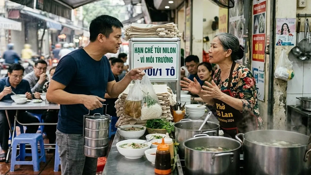 Vị khách cãi nhau với chủ quán phở vì không được cho thêm túi nilon